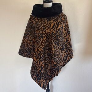 Leopard Print Poncho with Faux-Fur Collar